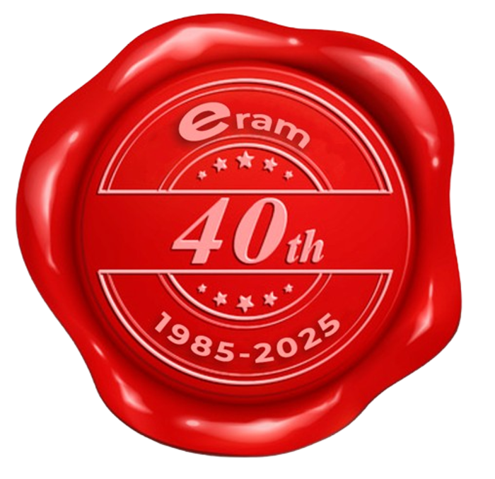 Sigillo rosso per il 40° anniversario di Eram, 1985-2025, azienda di forniture industriali.