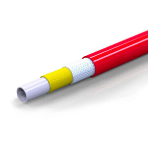 Tubo industriale flessibile rosso con rinforzo giallo per alte prestazioni.