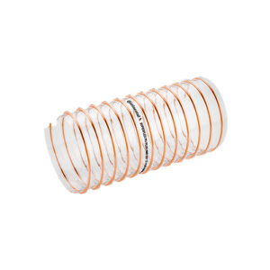 Tubo flessibile in PVC trasparente con anelli, ideale per forniture industriali.