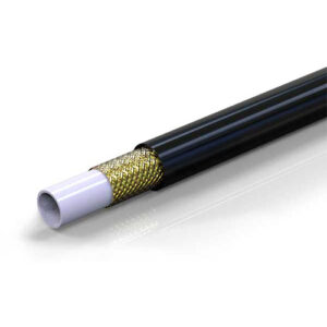 Tubo industriale flessibile con rinforzo in treccia per applicazioni ad alta pressione.